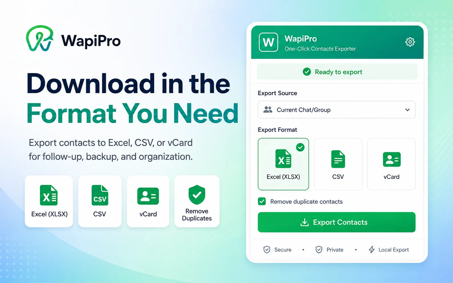 Sales dashboard showing exported WhatsApp contacts, seller assignment, follow-up status, and order tracking